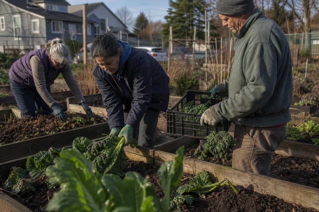 Adults harvest vegetables together in a neighborhood community garden.