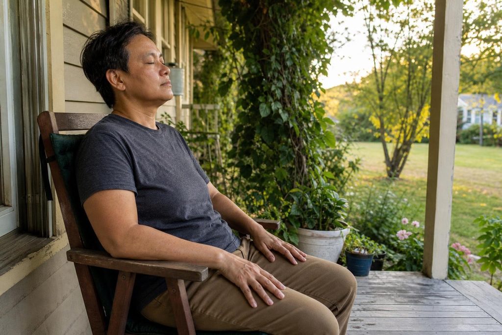 An adult sits quietly with eyes closed on a shaded residential porch.