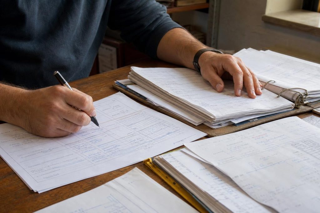 Project coordinator reviewing a printed plan and preparing individual action sheets.