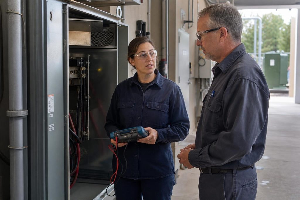 Technical specialist discussing an equipment inspection finding with an attentive project leader.