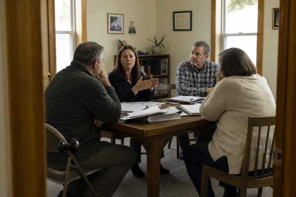 Four stakeholders discussing project priorities around a table in a community meeting room.