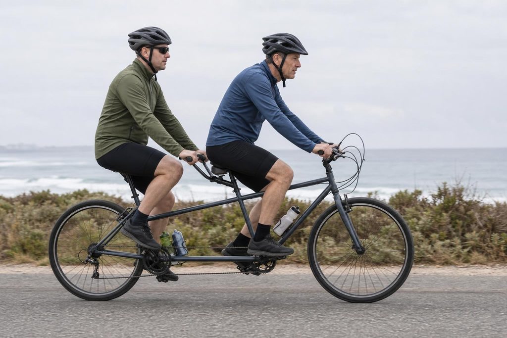 A cyclist pilots a tandem bicycle with a blind riding partner on a coastal path.