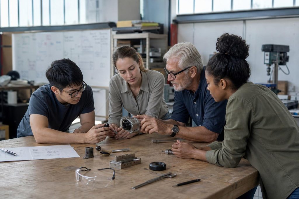 Professionals examining a physical prototype together in a workshop.