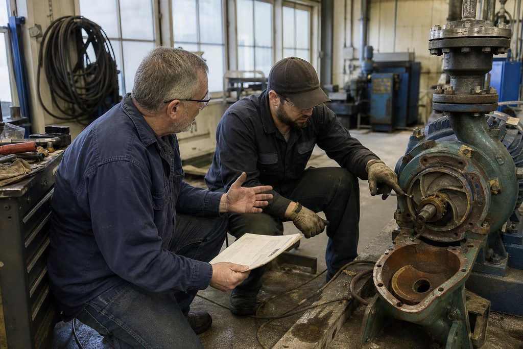 Operations manager learning equipment maintenance from a technician in a training lab.